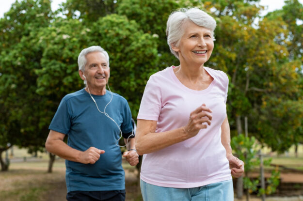 Senior,Couple,Running,Outside,At,Park.,Elderly,Man,And,Old